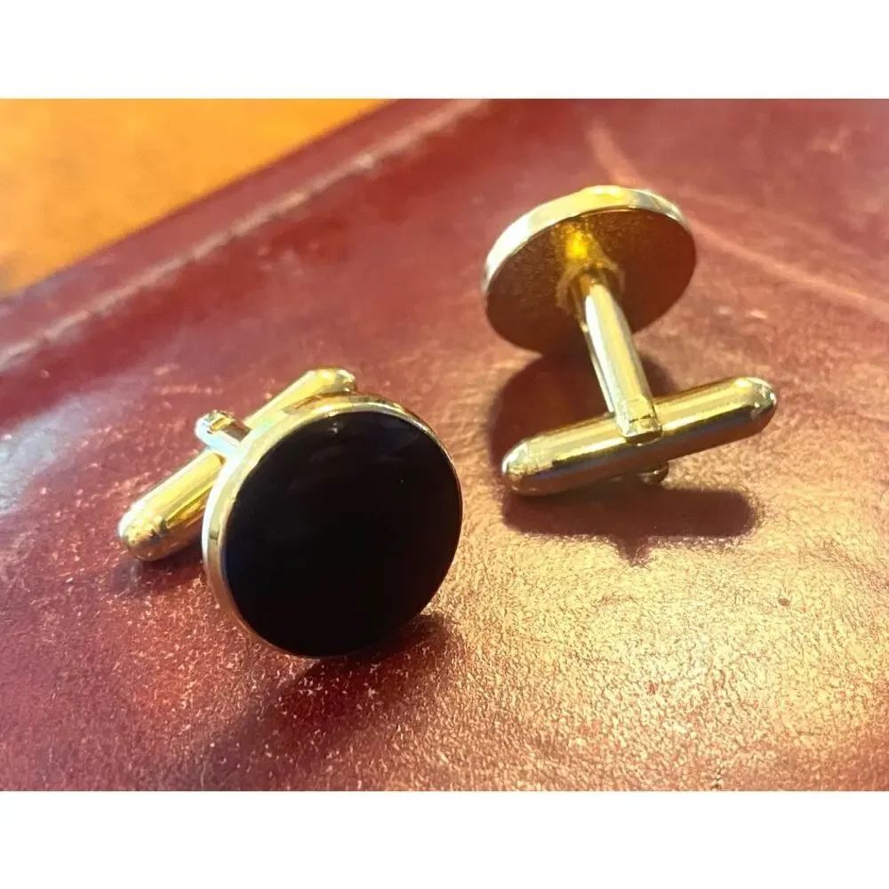 VTG Gold Tone Black Lucite Round Cufflinks